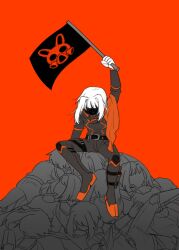Rule 34 | 6+girls, arm up, belt, black belt, black jacket, boots, censored, clone, flag, hair intakes, highres, holding, holding flag, identity censor, jacket, library of ruina, multiple girls, myo (project moon), orange background, project moon, sarang, short hair, simple background, sitting, solo focus, thigh strap, vambraces, white hair