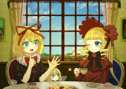 Rule 34 | 3girls, absurdres, alternate eye color, blonde hair, blue eyes, bonnet, bow, bowtie, capelet, crossover, cup, dress, drill hair, drill sidelocks, ekaapetto, flower, food, frilled capelet, frilled shirt, frilled shirt collar, frilled sleeves, frills, green bow, green bowtie, green eyes, hair ribbon, highres, lolita fashion, long hair, long sleeves, medicine melancholy, mini person, minigirl, multiple girls, one eye closed, open mouth, plate, puffy short sleeves, puffy sleeves, red bow, red capelet, red dress, red headwear, red ribbon, ribbon, rose, rozen maiden, shinku, shirt, short hair, short sleeves, sidelocks, su-san, talking, tea, teacup, teapot, touhou, twintails, window, wings