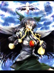 Rule 34 | 1girl, bird wings, black hair, bow, cape, crazy, eating, faceless, female focus, hair bow, letterboxed, long hair, mayonnaise, nude, open mouth, puffy sleeves, reiuji utsuho, ryuuichi (f dragon), short sleeves, solo, solo focus, third eye, touhou, what, wings, yellow eyes