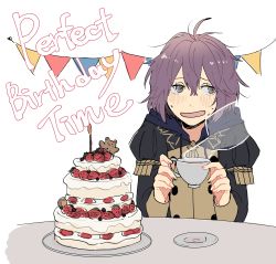Rule 34 | 1girl, absurdres, bernadetta von varley, cake, candle, cup, english text, fire emblem, fire emblem: three houses, food, fruit, garreg mach monastery uniform, grey eyes, highres, hirunesukix, holding, holding cup, hood, hood down, long sleeves, nintendo, open mouth, plate, purple hair, short hair, simple background, solo, strawberry, table, teacup, uniform, upper body, white background