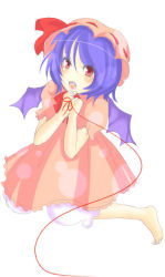 Rule 34 | 1girl, bad id, bad pixiv id, barefoot, bat wings, bloomers, blue hair, dress, female focus, full body, hat, red eyes, remilia scarlet, simple background, solo, string, string of fate, touhou, underwear, white background, wings, yuiko-satou, yuiko-satou (pixiv161940)