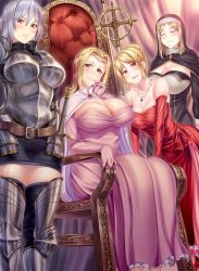 Rule 34 | 4girls, :d, absurdres, armor, belt, black legwear, blonde hair, blush, braid, breasts, cape, circlet, cleavage, closed mouth, dress, elbow gloves, female knight, gauntlets, gloves, greaves, habit, highres, isekai harem monogatari, jewelry, knight, large breasts, leonora ofallon, long hair, looking at viewer, marie franziska leeds de rechebourg, mature female, medium breasts, mother and daughter, multiple girls, necklace, novel illustration, nun, official art, open mouth, pink dress, pink gloves, princess, queen, red dress, red eyes, red gloves, short hair, shoulder armor, sidelocks, silver hair, sitting, smile, sophie elisabeth irail, sword, tachibana omina, textless version, thighhighs, tianne rutheim, weapon