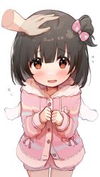 Rule 34 | 1girl, 1other, absurdres, black hair, blush, bow, clenched hands, disembodied limb, flying sweatdrops, hair bow, hand on another&#039;s head, highres, hood, hooded jacket, idolmaster, idolmaster million live!, jacket, looking at viewer, nakatani iku, nnnn, pink jacket, pink shorts, pov, pov hands, shorts, smile