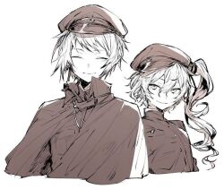 Rule 34 | 1boy, 1girl, blush, bungou stray dogs, cape, closed eyes, gloves, green hat, green shirt, hat, jouno saigiku (bungou stray dogs), long hair, looking at viewer, military, military hat, military uniform, multicolored hair, okura teruko, red cape, red eyes, red hair, shirt, simple background, smile, two-tone hair, uniform, very long hair, white background, white gloves, white hair