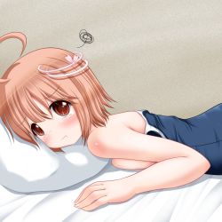 Rule 34 | 10s, 1girl, :t, ahoge, bare shoulders, blush, breast press, breasts, brown hair, hair ornament, hairclip, i-58 (kancolle), kantai collection, looking at viewer, off shoulder, on bed, pillow, pink eyes, riku (rikkuru), short hair, sideboob, solo, squiggle