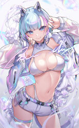 Rule 34 | 1girl, animal ears, arms up, blue eyes, bra, breasts, cat ears, cleavage, dot nose, fake animal ears, flower, highleg, highleg panties, highres, iridescent, jacket, large breasts, nail polish, open clothes, open jacket, original, panties, short hair, short shorts, shorts, smile, t-track, thigh strap, underwear, white bra, white jacket, white panties, white shorts