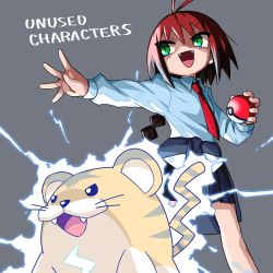Rule 34 | 1girl, :d, antenna hair, black skirt, blouse, blue shirt, braid, collared shirt, commentary, creatures (company), crossover, electricity, english text, fangs, game freak, green eyes, grey background, happy, highres, holding, holding poke ball, kill me baby, kotora (pokemon), long sleeves, looking to the side, necktie, nintendo, open mouth, outstretched arm, pleated skirt, poke ball, poke ball (basic), pokemon, pokemon (creature), pokemon gsc (prototype), prototype design, red hair, red necktie, school uniform, shirt, shirt tucked in, short hair, simple background, skirt, smile, standing, trait connection, unused character (kill me baby), yachima tana