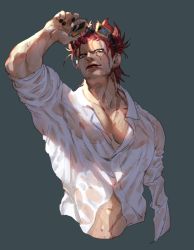 Rule 34 | 1boy, amputee, covered erect nipples, cropped torso, eustass kid, goggles, goggles on head, highres, looking at viewer, male focus, midriff peek, muscular, muscular male, one piece, partially unbuttoned, pectoral cleavage, pectorals, red hair, scar, scar across eye, scar on chest, scar on face, scar on neck, shirt, short hair, sideburns, sleeves rolled up, solo, spiked hair, wet, wet clothes, wet shirt, white shirt, yonekura naoyasu
