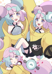 Rule 34 | 1girl, bow-shaped hair, character hair ornament, creatures (company), game freak, grey pantyhose, hair ornament, haru (haruxxe), hexagon print, highres, iono (pokemon), jacket, long hair, low-tied long hair, multicolored hair, nintendo, oversized clothes, pantyhose, pokemon, pokemon sv, sharp teeth, single leg pantyhose, sleeves past fingers, sleeves past wrists, solo, split-color hair, teeth, very long sleeves, x, yellow jacket