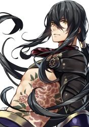 Rule 34 | 1boy, 88 taho, bare pectorals, bishounen, black hair, chest tattoo, cropped jacket, fate/grand order, fate (series), flower tattoo, green eyes, hair between eyes, long hair, looking at viewer, male focus, pectorals, ponytail, solo, tattoo, toned, toned male, topless male, very long hair, yan qing (fate)