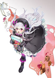 Rule 34 | 1girl, alice in wonderland, black capelet, black footwear, black gloves, black headwear, capelet, chocolateonly, cookie, cup, fate/extra, fate (series), flower, food, fork, gloves, gradient background, long sleeves, nursery rhyme (fate), pouring, purple eyes, rose, saucer, solo, spoon, star (symbol), teacup, teapot, white hair
