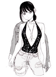 Rule 34 | 1girl, black hair, breasts, breasts apart, contrapposto, cowboy shot, cropped legs, dende (dndn222), expressionless, greyscale, highres, jacket, jacket on shoulders, jewelry, large breasts, monochrome, necklace, original, pants, simple background, solo, torn clothes, torn pants, white background
