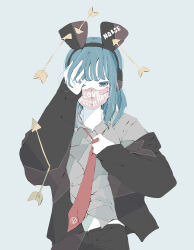 Rule 34 | 1girl, absurdres, animal ears, arrow (projectile), black jacket, black pants, blue eyes, blue hair, choppy bangs, collared shirt, covering one eye, cowboy shot, english text, fake animal ears, grey background, grey shirt, hand on own face, highres, jacket, long bangs, long hair, long sleeves, looking at viewer, mask, mouse ears, mouth mask, necktie, no pupils, nocopyrightgirl, off shoulder, original, pale skin, pants, red necktie, shirt, sidelocks, simple background, solo