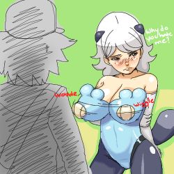 Rule 34 | 10s, 1boy, 1girl, artist request, bare shoulders, blush, breasts, brown eyes, cleavage, creatures (company), elbow gloves, english text, freckles, game freak, gen 5 pokemon, gloves, hat, hilbert (pokemon), large breasts, lowres, nintendo, oshawott, pantyhose, personification, pokemon, pokemon bw, socks, tail, white hair