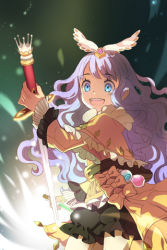 Rule 34 | 1girl, blue eyes, bow, capelet, clarice altheim, crown, dao (sword girls), frills, glowing, grin, holding, long hair, lowres, open mouth, potion, purple hair, ribbon, smile, solo, sword, sword girls, very long hair, wavy hair, weapon