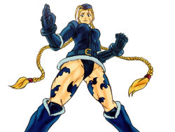 Rule 34 | 1girl, ahoge, alternate costume, antenna hair, belt, blonde hair, blue eyes, boots, braid, breasts, cammy white, camouflage, capcom, coat, fighting stance, from below, garrison cap, gloves, hat, huge ahoge, johnny olm, knee boots, knee pads, leotard, long hair, scar, solo, street fighter, street fighter iv (series), thick thighs, thighs, toned, twin braids, very long hair, winter clothes, winter coat