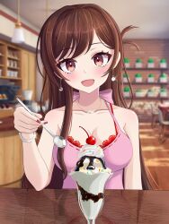 Rule 34 | 1girl, absurdres, blurry, blurry background, blush, bra, bracelet, breasts, brown eyes, brown hair, cafe, chair, cherry, cleavage, collarbone, dating, dress, earrings, food, fruit, highres, holding, holding spoon, ice cream, jewelry, kanojo okarishimasu, large breasts, long hair, miwapeito, mizuhara chizuru, nail polish, necklace, open mouth, pearl bracelet, pink dress, pink nails, pov, red bra, reflection, solo, spoon, sprinkles, sundae, underwear, upper body