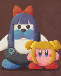 Rule 34 | :o, blonde hair, blue hair, blue overalls, bow, brown background, buttons, hair bow, hair ornament, hair scrunchie, highres, kirby, kirby (series), looking at viewer, miclot, mr. frosty, nintendo, no humans, open mouth, overalls, pipimi, poptepipic, popuko, red bow, scrunchie, sidelocks, standing, twintails, wig, yellow scrunchie