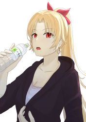 Rule 34 | 1girl, absurdres, alternate hairstyle, blonde hair, bottle, ereshkigal (fate), fate/grand order, fate (series), highres, natu zame, ponytail, red eyes, simple background, solo, water bottle, white background