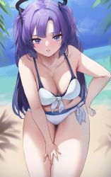 Rule 34 | 1girl, :o, armpits, beach, bikini, blue archive, blunt bangs, breasts, cleavage, collarbone, front-tie bikini top, front-tie top, halo, hand on own thigh, highres, large breasts, leaning forward, long hair, looking at viewer, outdoors, pepeo, purple eyes, purple hair, side-tie bikini bottom, solo, swimsuit, thighs, two side up, very long hair, white bikini, yuuka (blue archive)