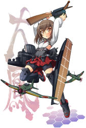 Rule 34 | 10s, 1girl, aircraft, airplane, arms up, bike shorts, blush, bow (weapon), brown eyes, brown hair, crossbow, flat chest, headband, headgear, kantai collection, looking at viewer, open mouth, personification, short hair, skirt, solo, taihou (kancolle), thighhighs, tsukishima makoto, weapon