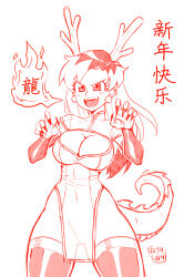 Rule 34 | 1girl, 2024, breasts, china dress, chinese clothes, chinese zodiac, christmas, claws, cleavage cutout, clothing cutout, cosplay, curvy, dragon horns, dragon wings, dress, earrings, fire, highres, horns, jewelry, large breasts, long hair, looking at viewer, monochrome, multicolored hair, new year, santa costume, sharp teeth, sidney (zeshgolden), standing, teeth, translation request, two-tone hair, wide hips, wings, year of the dragon, zeshgolden