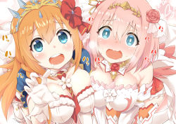 Rule 34 | 2girls, @ @, absurdres, asymmetrical docking, bare shoulders, blue eyes, blush, breast press, breasts, cleavage, detached collar, dress, flower, gloves, hair between eyes, hair flower, hair ornament, hair ribbon, highres, large breasts, long hair, multiple girls, open mouth, orange hair, pecorine (princess) (princess connect!), pecorine (princess connect!), pink hair, princess connect!, reaching, reaching towards viewer, ribbon, ryuki (ryukisukune), short hair, symmetrical docking, thighhighs, tiara, wavy mouth, yui (princess) (princess connect!), yui (princess connect!)