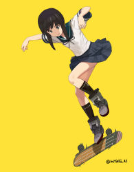 Rule 34 | 1girl, a1 (initial-g), black eyes, black hair, black skirt, blue sailor collar, commentary request, fubuki (kancolle), full body, jumping, kantai collection, long hair, looking down, low ponytail, pleated skirt, ponytail, sailor collar, school uniform, serafuku, short ponytail, sidelocks, simple background, skateboard, skirt, solo, twitter username, yellow background