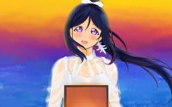 Rule 34 | 1girl, absurdres, artist name, artist request, blue hair, blush, bow, breasts, collarbone, collared dress, dress, earrings, feather earrings, feathers, female focus, floating hair, hair between eyes, hair bow, high ponytail, highres, jewelry, long hair, looking at viewer, love live!, love live! school idol festival, love live! sunshine!!, matsuura kanan, parted lips, plaid, plaid dress, pleated, pleated dress, ponytail, purple eyes, small breasts, smile, solo, the story of feather (love live!), white bow, white dress