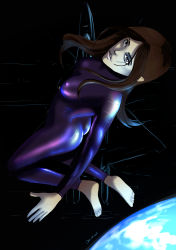 Rule 34 | 1girl, absurdres, ace combat, ace combat infinity, aircraft, airplane, artist name, ass, barefoot, bodysuit, breasts, brown eyes, brown hair, camilla (ace combat), covered erect nipples, earth (planet), fighter jet, floating, highres, jet, lips, long hair, looking at viewer, matching hair/eyes, military, military vehicle, ombeline, parted lips, planet, shiny clothes, signature, sketch, skin tight, soles, solo, space, twisted torso