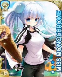 Rule 34 | 1girl, black jacket, black pants, blue eyes, blunt bangs, card, character name, checker pattern, closed mouth, day, girlfriend (kari), jacket, miss monochrome, miss monochrome (character), official art, open clothes, open jacket, outdoors, pants, qp:flapper, school uniform, shirt, smile, solo, tagme, track jacket, track pants, track suit, twintails, white footwear, white hair, white shirt