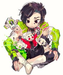 Rule 34 | ..., 4boys, animification, apex legends, black eyes, black hair, black pants, chibi, crypto (apex legends), devil&#039;s advocate crypto, drone, fang, fuzzy logic crypto, green eyes, grey hair, high heels, holding, jacket, looking down, male focus, multiple boys, official alternate costume, open mouth, pants, red eyes, red jacket, repikinoko, smile, spoken ellipsis, the hired gun crypto, v-shaped eyebrows, white background, white footwear