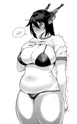 Rule 34 | 10s, 1girl, bikini, blush, breasts, clothes lift, greyscale, headgear, highres, huge breasts, kantai collection, long hair, monochrome, nagato (kancolle), plump, shirt lift, solo, standing, sweat, swimsuit, synecdoche, thick thighs, thighs