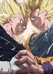 Rule 34 | 2boys, absurdres, anger vein, angry, arm up, biceps, blonde hair, blue eyes, blue wristband, boots, clenched hand, clenched teeth, commentary request, dougi, dragon ball, dragonball z, duel, facial mark, fighting, forehead mark, gloves, hand grab, highres, injury, large pectorals, liedein, looking at another, majin vegeta, male focus, manly, multiple boys, muscular, muscular male, orange shirt, pectorals, serious, shirt, signature, son goku, spiked hair, super saiyan, super saiyan 2, teeth, thick eyebrows, torn clothes, vegeta, white gloves