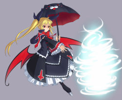 Rule 34 | 1girl, arc system works, blazblue, blonde hair, bow, gothic lolita, hair bow, highres, lolita fashion, nago, platform footwear, pointy ears, rachel alucard, red eyes, s-no, shoes, slit pupils, solo, twintails, umbrella, wings