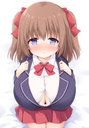 Rule 34 | 1girl, :o, bed sheet, black jacket, blush, bra, bra peek, breasts, brown hair, bursting breasts, cleavage, commentary request, hair between eyes, hair ribbon, highres, huge breasts, jacket, long hair, on bed, open mouth, oppai loli, original, pleated skirt, purple eyes, red skirt, ribbon, shirt, simple background, sitting, skirt, solo, twintails, underwear, uniform, white background, white bra, white shirt, yuu (yumezakura)