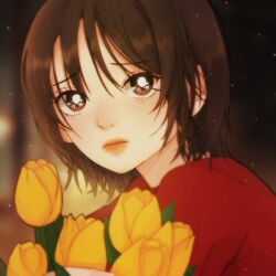 Rule 34 | 1girl, absurdres, album cover, blurry, blurry background, brown hair, cover, flower, from side, frown, highres, leaning forward, looking at viewer, official art, oooo (ornette), original, parted lips, portrait, red shirt, shirt, short hair, solo, tulip, yellow flower, yellow tulip