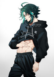 Rule 34 | 1boy, abs, absurdres, ahoge, clothes lift, eriimyon, genshin impact, green hair, highres, hood, hoodie, looking down, multicolored hair, shirt lift, solo, sweater, twitter username, white background, xiao (genshin impact), yellow eyes
