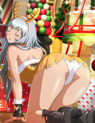 Rule 34 | 1girl, all fours, black footwear, boots, box, brown hairband, chouun shiryuu, christmas, closed eyes, dress, fake antlers, from behind, fur-trimmed dress, fur trim, gift, gift box, hairband, head tilt, ikkitousen, indoors, lens flare, long hair, open mouth, panties, shiny skin, short dress, shoulder blades, silver hair, sleeveless, sleeveless dress, solo, torn clothes, torn dress, underwear, very long hair, white panties, wrist cuffs, yellow dress