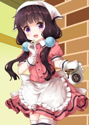 Rule 34 | 1girl, apron, black hair, blend s, blunt bangs, buttons, coffee, coffee mug, collared shirt, cowboy shot, cup, frilled apron, frills, gloves, head scarf, highres, holding, holding cup, indoors, long hair, low twintails, mug, open mouth, pink shirt, pink skirt, puffy short sleeves, puffy sleeves, purple eyes, ruu (tksymkw), sakuranomiya maika, shaded face, shirt, short sleeves, skirt, smile, solo, standing, stile uniform, thighhighs, twintails, waist apron, waitress, white apron, white gloves, white headwear, white thighhighs