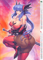 Rule 34 | 1girl, arm tattoo, ass, blue eyes, blue hair, boots, breasts, cleavage, comic unreal, covered erect nipples, cowboy shot, highres, holding, holding sword, holding weapon, huge breasts, large breasts, matching hair/eyes, mogudan, pantyhose, puffy nipples, skindentation, solo, sword, tattoo, thigh boots, thighhighs, weapon