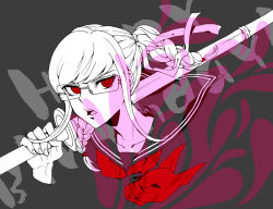 Rule 34 | 1girl, black background, braid, danganronpa (series), danganronpa 2: goodbye despair, dosugon, glasses, hair ribbon, holding, holding weapon, looking at viewer, neckerchief, open mouth, over shoulder, pekoyama peko, red eyes, red neckerchief, ribbon, rimless eyewear, simple background, solo, teeth, twin braids, twintails, upper teeth only, weapon, weapon over shoulder