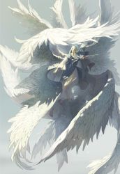 Rule 34 | 1boy, absurdres, angel, angel wings, barefoot, chinese commentary, colored eyelashes, commentary request, flying, grey eyes, highres, long hair, lord of the mysteries, multiple wings, ouroboros (lord of the mysteries), robe, shouxianwu135, sky, solo, white robe, wings