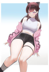 Rule 34 | 1girl, bare shoulders, black bow, black shorts, bow, breasts, brown hair, cardigan, haeil2, hair bow, highres, jururu, large breasts, long hair, long sleeves, looking at viewer, midriff, multicolored hair, off shoulder, open cardigan, open clothes, pink cardigan, planet earrings, purple eyes, purple hair, shirt, short shorts, shorts, sleeveless, sleeveless shirt, solo, streaked hair, thigh strap, thighs, virtual youtuber, waktaverse, white shirt
