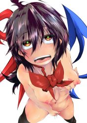 Rule 34 | 1girl, asymmetrical wings, black hair, black thighhighs, blush, bow, bowtie, breasts, cowboy shot, female masturbation, grabbing own breast, highres, houjuu nue, masturbation, nude, open mouth, red bow, red bowtie, red eyes, saliva, simple background, solo, standing, teinba, thighhighs, touhou, white background, wings