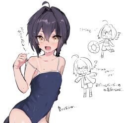 Rule 34 | 1other, :d, ahoge, androgynous, black hair, blush, braid, chibi, chibi inset, covered navel, fate/grand order, fate/samurai remnant, fate (series), hair intakes, ipp0, long hair, looking at viewer, one-piece tan, open mouth, orange eyes, pulling own clothes, school swimsuit, sidelocks, simple background, smile, solo, strap pull, swimsuit, tan, tanline, wet, wet clothes, wet hair, wet swimsuit, white background, yamato takeru (fate)