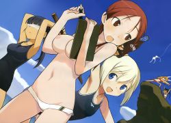 Rule 34 | 5girls, arms up, bikini, black hair, blindfold, blonde hair, blue eyes, blush, bottle, breasts, charlotte e. yeager, cliff, clipboard, cloud, coca-cola, erica hartmann, fishing, fishing rod, nib pen (object), francesca lucchini, long hair, looking back, lowleg, minna-dietlinde wilcke, multiple girls, navel, nipples, ocean, one-piece swimsuit, open mouth, orange hair, pen, ponytail, red eyes, red hair, sakamoto mio, school swimsuit, shimada fumikane, short hair, sky, smile, strike witches, swimsuit, sword, topless, water, weapon, wooden sword, world witches series