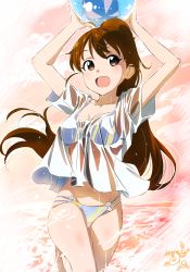 Rule 34 | 1girl, absurdres, artist logo, bikini, blue bikini, breasts, brown eyes, brown hair, cleavage, collarbone, cowboy shot, highres, long hair, makicha (sasurainopink), medium breasts, multicolored background, open mouth, ponytail, red background, see-through, shirt, smile, solo, striped bikini, striped clothes, swimsuit, taneshima popura, wet, wet clothes, wet shirt, working!!