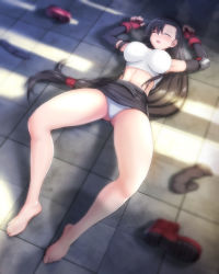 1girl, arm guards, barefoot, black hair, black skirt, breasts, earrings, elbow pads, eyes closed, final fantasy, final fantasy vii, fingerless gloves, gloves, hhh (wave), jewelry, large breasts, long hair, low-tied long hair, panties, pencil skirt, shirt, shoes removed, skirt, socks removed, solo, suspender skirt, suspenders, suspenders gap, tank top, taut clothes, taut shirt, tifa lockhart, underwear, white tank top