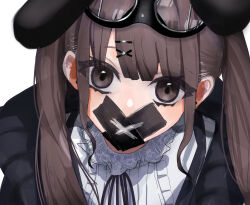 Rule 34 | 1girl, aoishi pachira, brown eyes, brown hair, center frills, duct tape, earrings, frills, gag, goggles, goggles on head, hair ornament, hairclip, highres, improvised gag, jacket, jewelry, lace collar, long hair, looking at viewer, neck ribbon, original, ribbon, solo, tape, tape gag, twintails, upper body